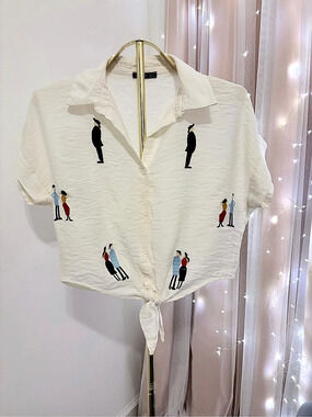 Women Embroidered Figures Button-Up White Shirt